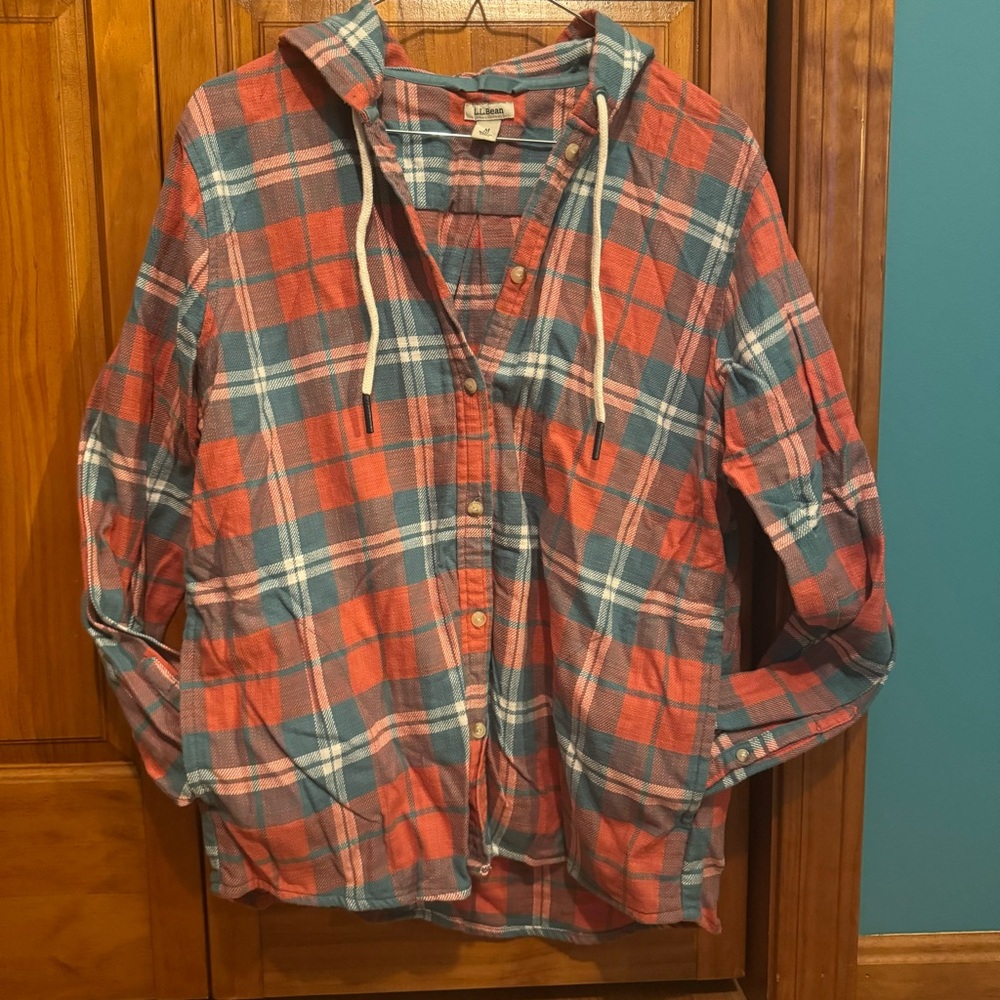 Pink, White and Blue Plaid Button-Up Hoodie, Women’s Size Medium